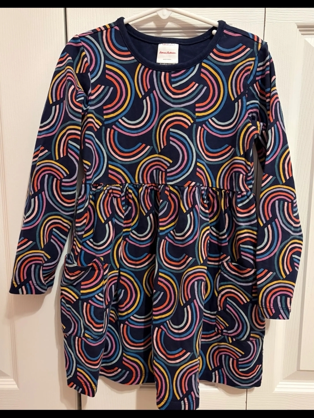 Hanna Andersson Navy Long-Sleeve Rainbow Geo Knit Dress Sz 8